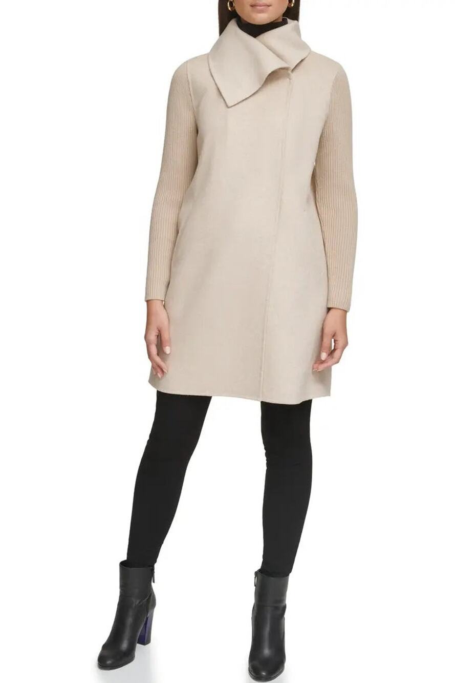 Kenneth Cole New York XS Oatmeal Wool Blend Coat Rib Sleeve Mixed Media NWT